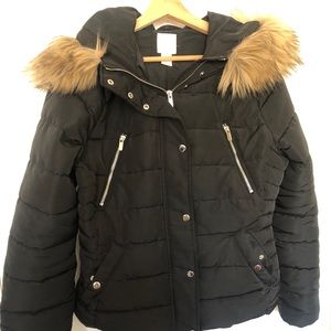 H&M puffer coat jacket black fur hood trim size 8